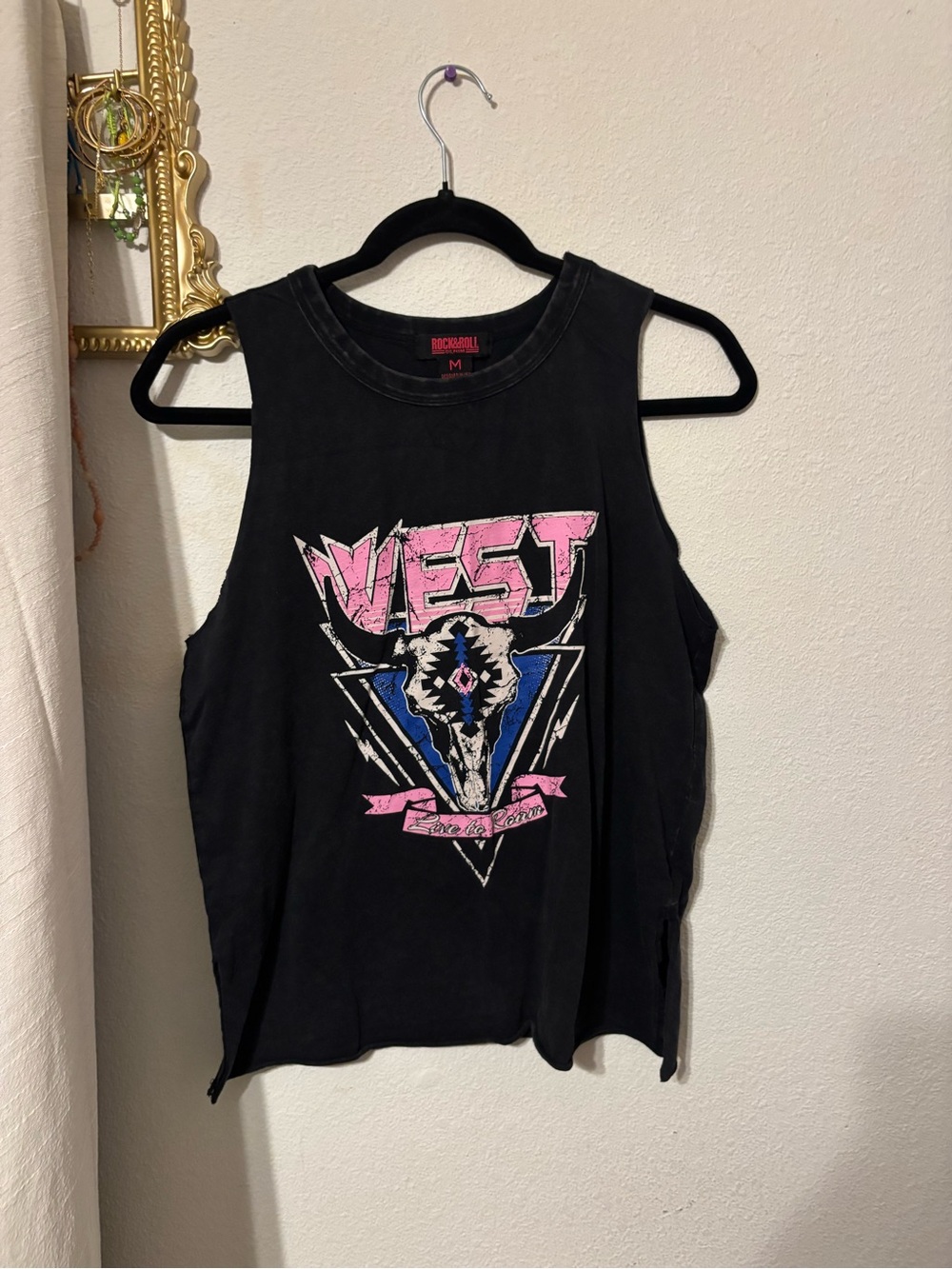Rock & Roll Black Sleeveless Graphic Tank Top - Pink & Blue Print